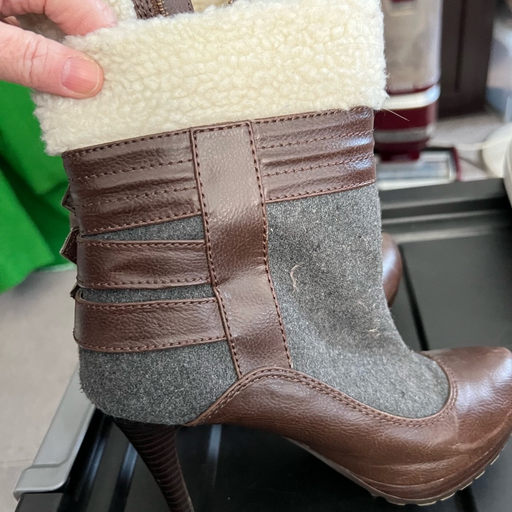 Gray and Brown Heeled Boots with Leather and Fabric Design